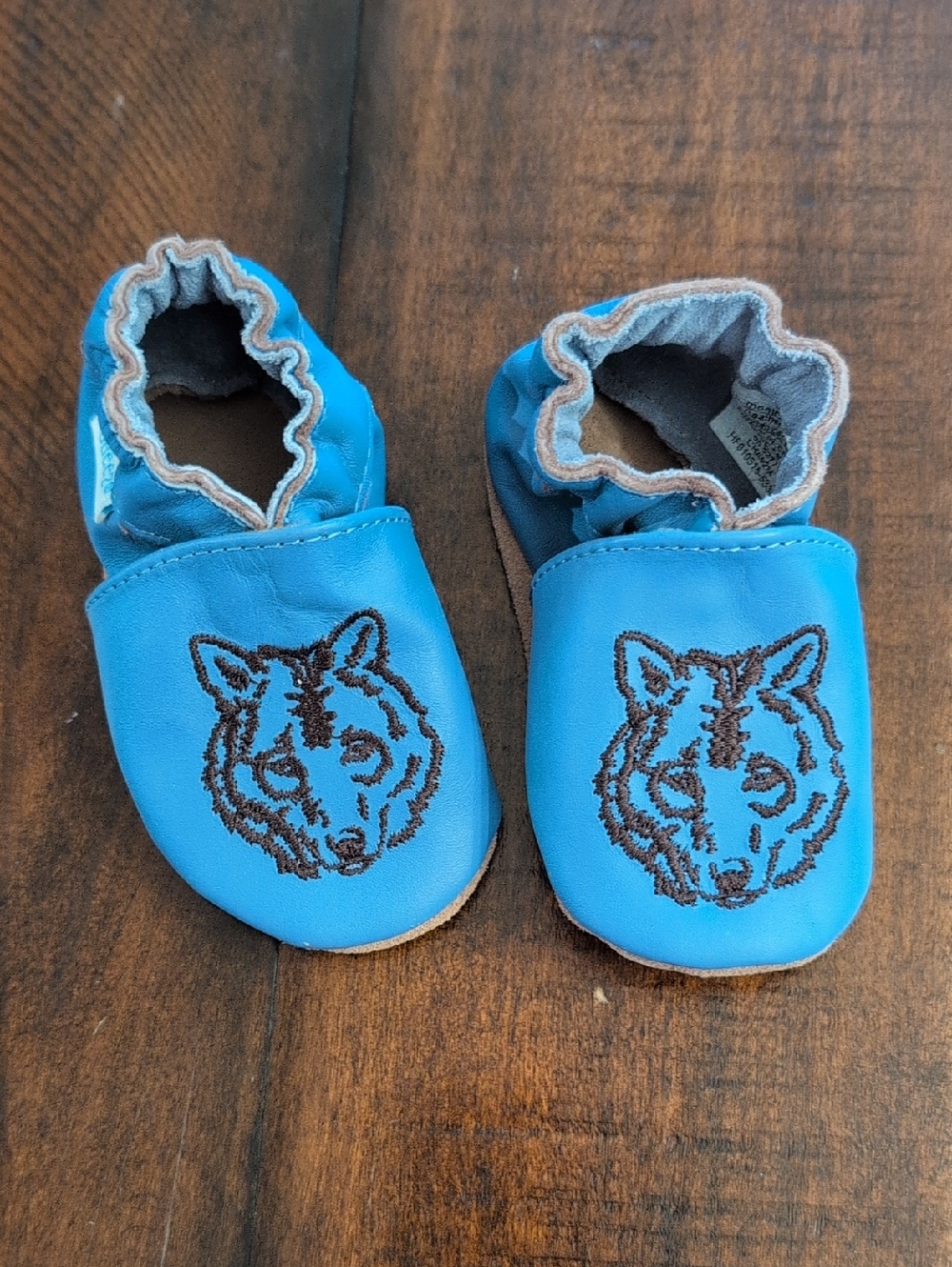 Robeez Bright Blue Leather Baby Booties with Wolf Face